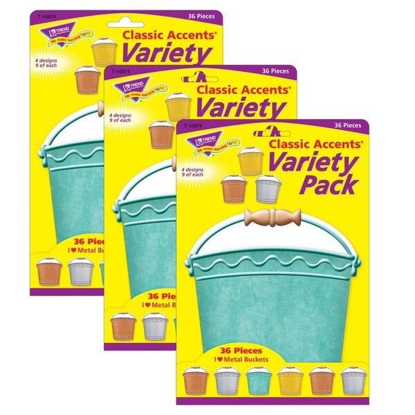 Trend Enterprises I Heart Metal Buckets Classic Accents Variety Pack, 36 Pieces, PK3 T10674 - main